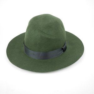 RHYTHM Women's One Size Adjustable Green 100% Wool Fedora Hat Cap with Ribbon